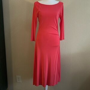 Ralph Lauren Pink Dress sz M Long Stretch Knit with Long Sleeve and flared Skirt